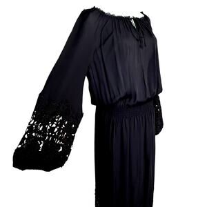 Eli Tahari 100% Silk Black Lace Embroidery Long Sleeves Maxi Dress Size M